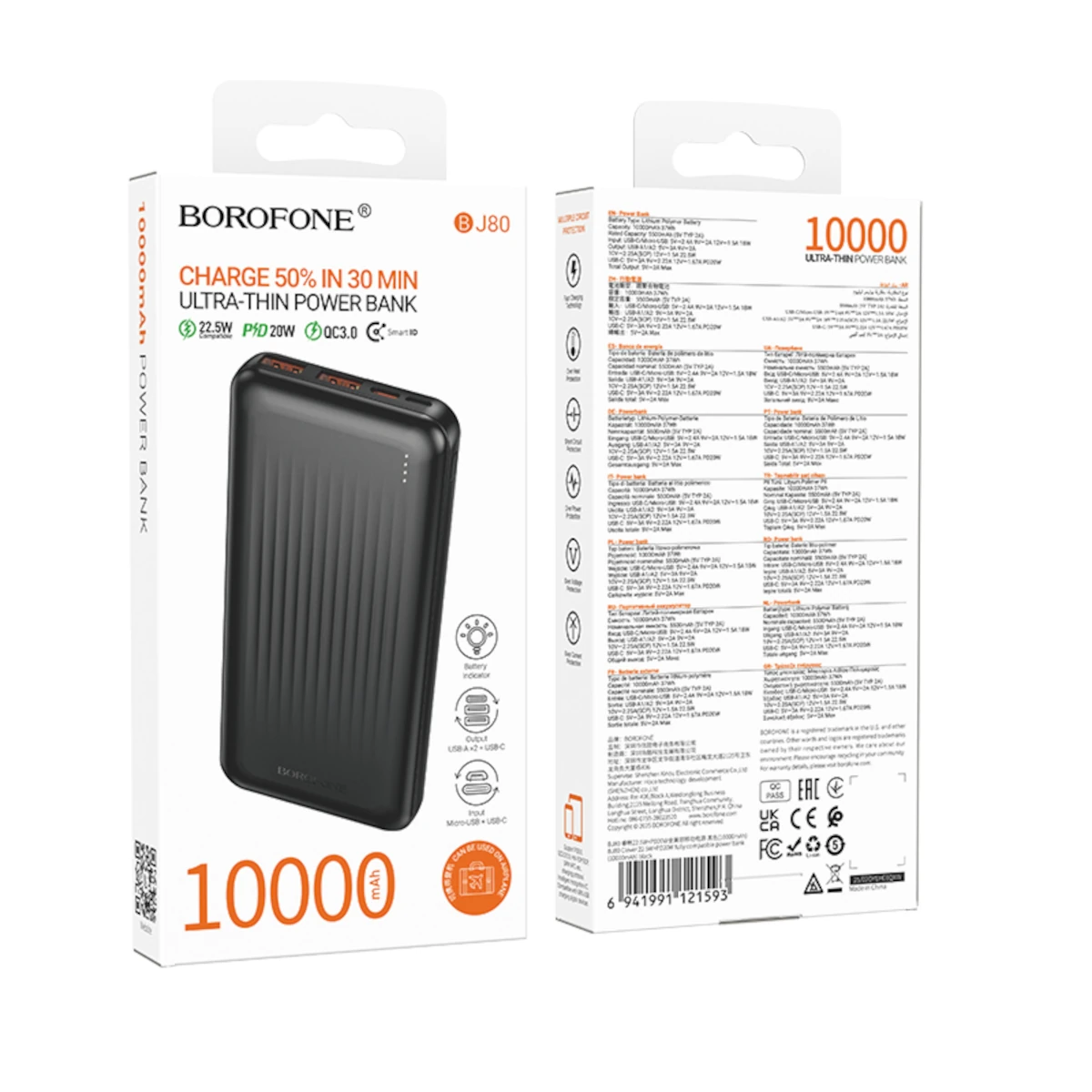 Borofone PowerBank 10.000mAh 2x Usb-A, Usb-C 22,5W BJ80 Clever Black-0 Borofone PowerBank 10.000mAh 2x USB, USB-C 22,5W BJ80 Clever Black - Image 1