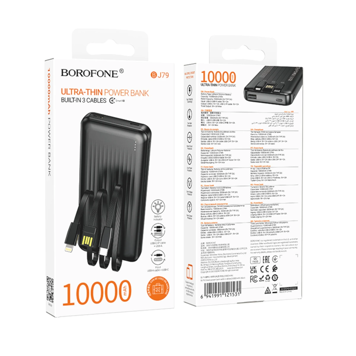 Borofone PowerBank 10.000mAh Usb-A με Καλώδιο Usb-A, Usb-C, Lightning BJ79 Clever Black-0 Borofone PowerBank 10.000mAh Usb-A με Καλώδιο USB, USB-C, Lightning BJ79 Clever Black - Image 1